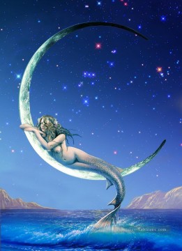  lune Tableau - sirène en lune d’argent Nu original